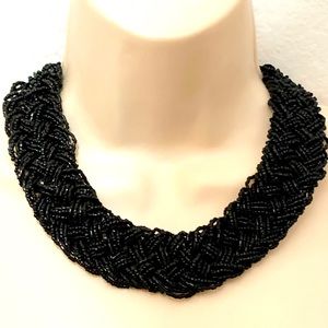 Vintage Braided Black Crystal Glass Beads Wide Bib Collar Necklace